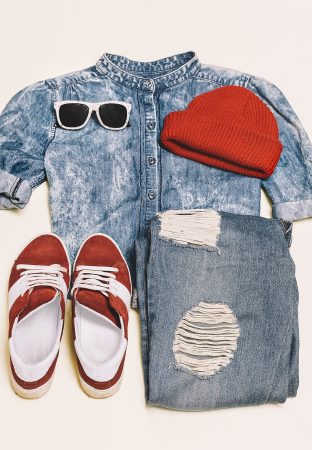 Fashion hipster aktsessoryes urban set. Unusual creative look. skateboard style. Jeans, cap, shirt, sneakers, Casual outfit Street